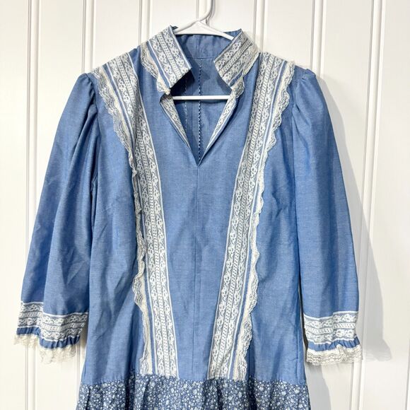 70s Vintage Dress Collared Neck Blue & White Laced Peplum Mini Long Handmade - Picture 8 of 12